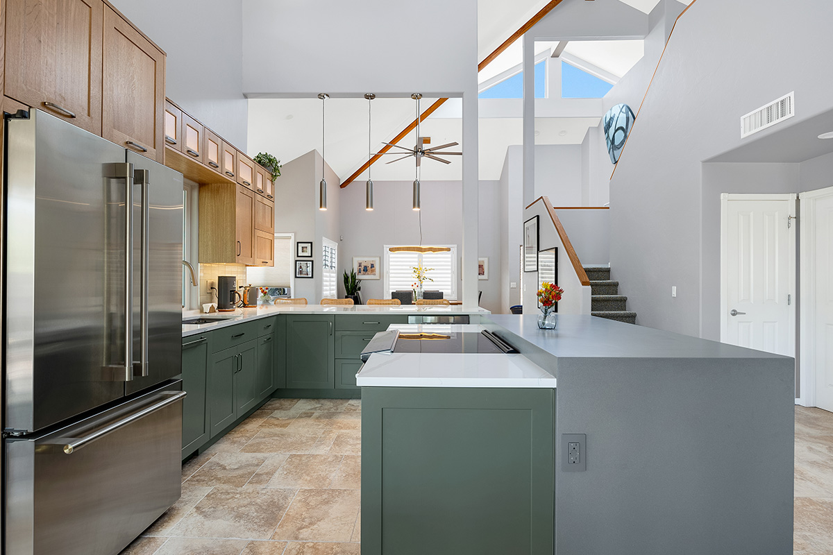 Light brown and painted gray kitchen