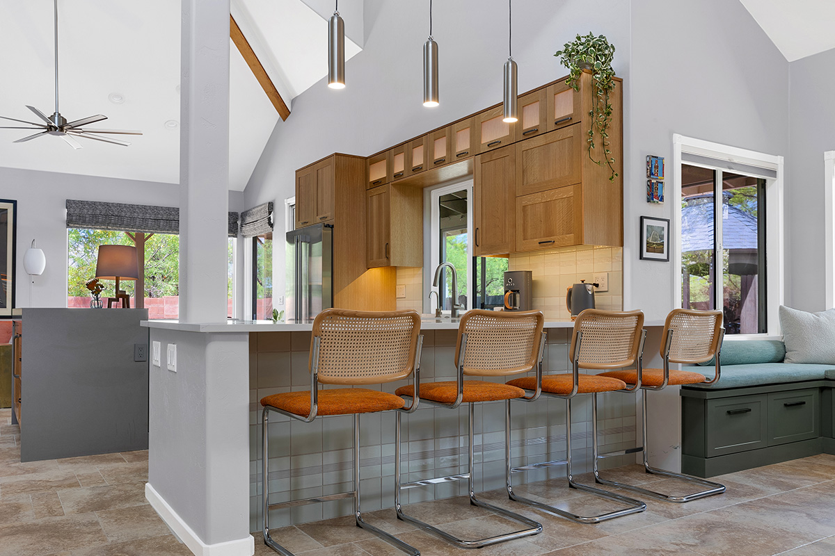 Light brown and painted gray kitchen