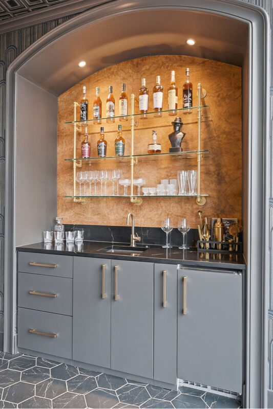 Gray speakeasy bar cabinets