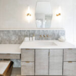 Large master bathroom with 2 vanity areas with light Montana stain, powder desk.