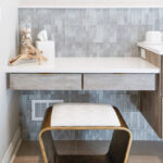 Large master bathroom with 2 vanity areas with light Montana stain, powder desk.