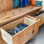 Rustic Alder mudroom seating with drawers under the wood top.