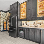 Kitchen cabinets with dark Midnight stain on Rustic Alder.