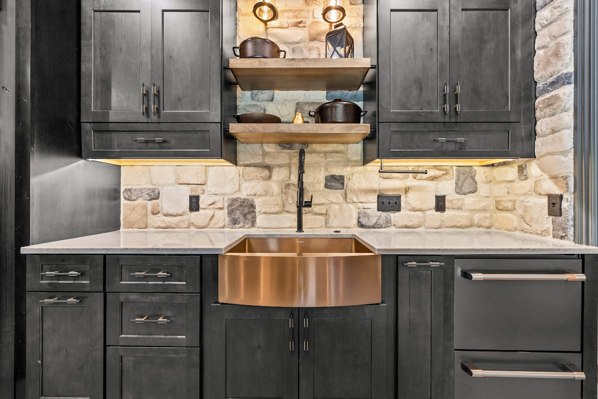 Kitchen cabinets with dark Midnight stain on Rustic Alder.