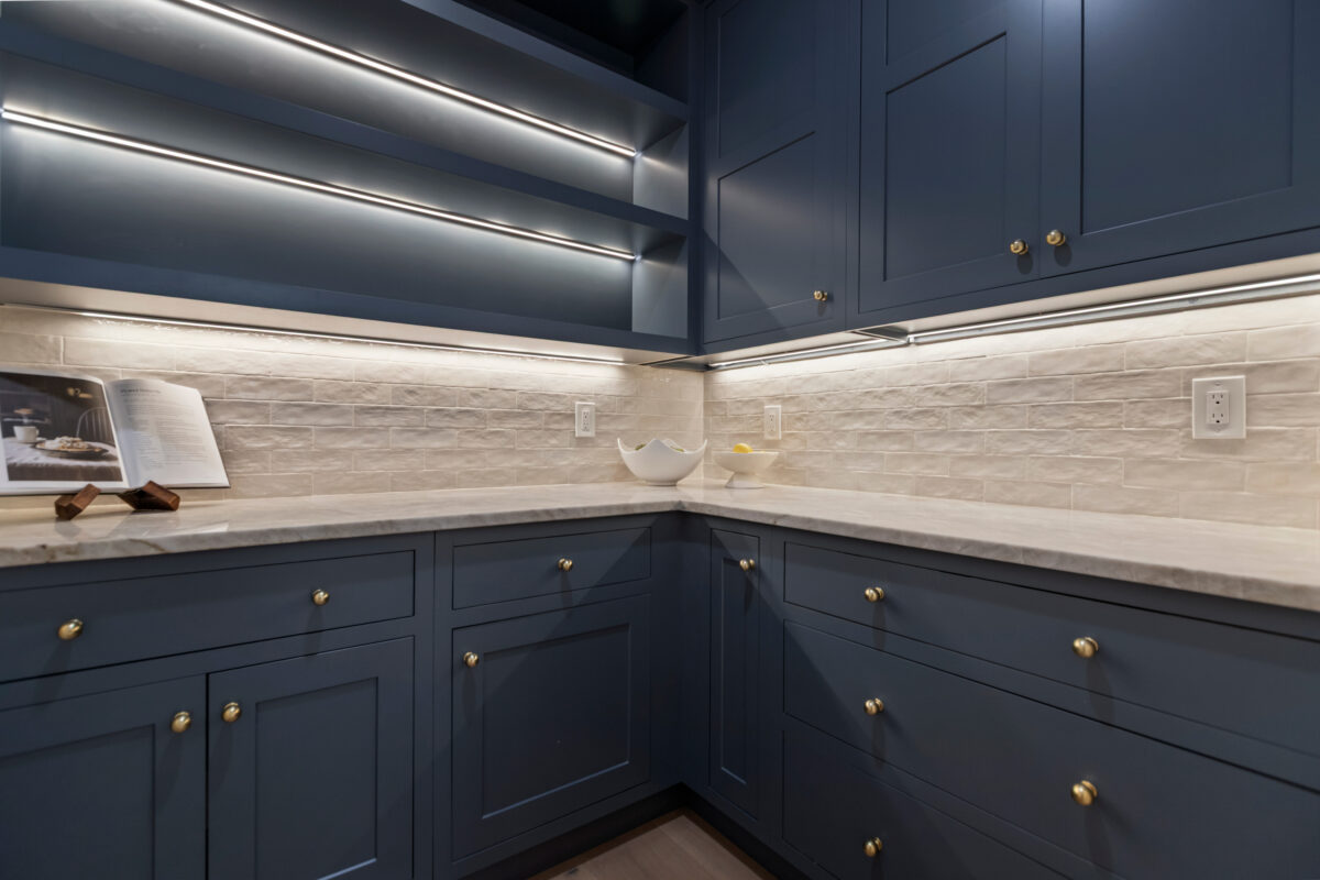 Blue-painted pantry cabinets with under cabinet lighting