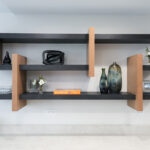 Unique floating shelf system in both Sable and Midnight stains
