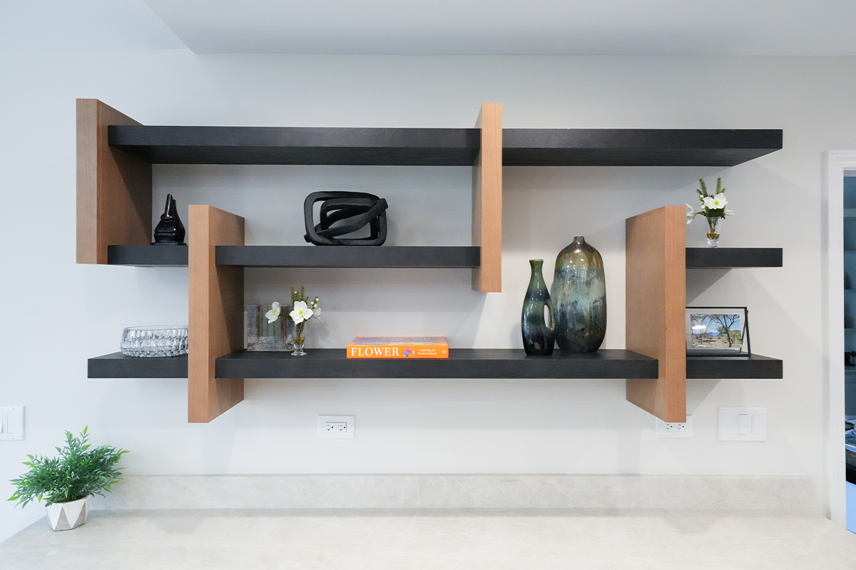 Unique floating shelf system in both Sable and Midnight stains