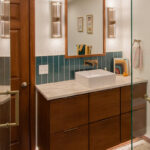 Bathroom with a stained vanity.