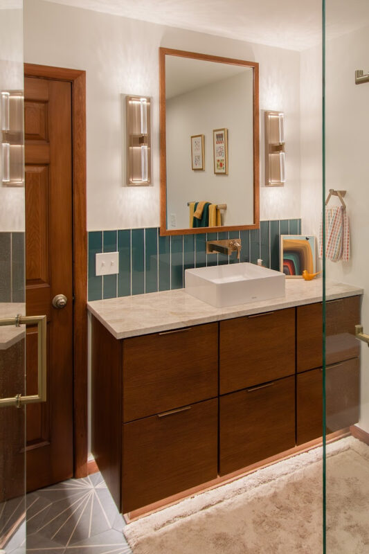 Bathroom with a stained vanity.