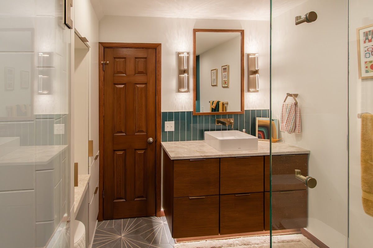 Bathroom with a stained vanity.