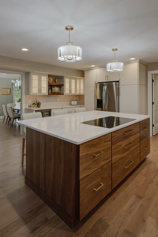 Walnut natural island cabinets with sink