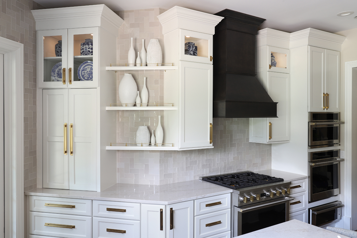 Dark stain and white painted kitchen cabinets