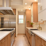 Painted and stained kitchen cabinets.
