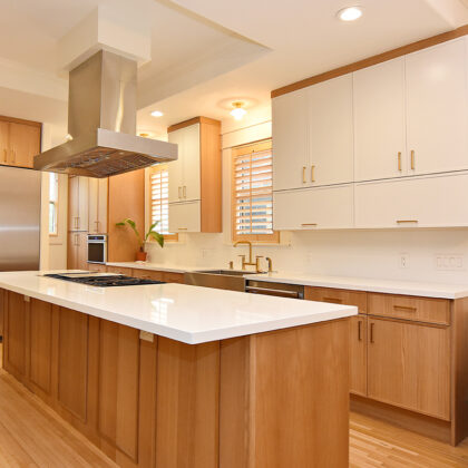 Painted and stained kitchen cabinets.