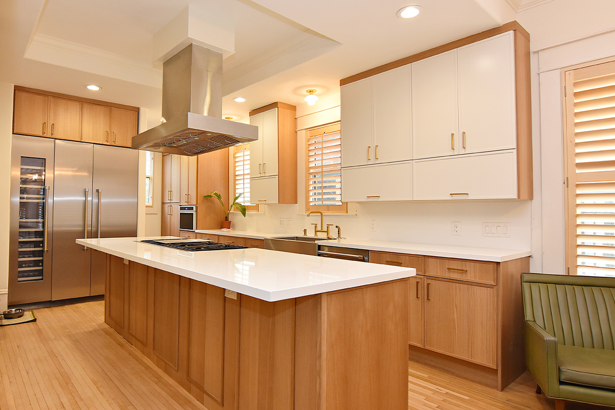 Painted and stained kitchen cabinets.
