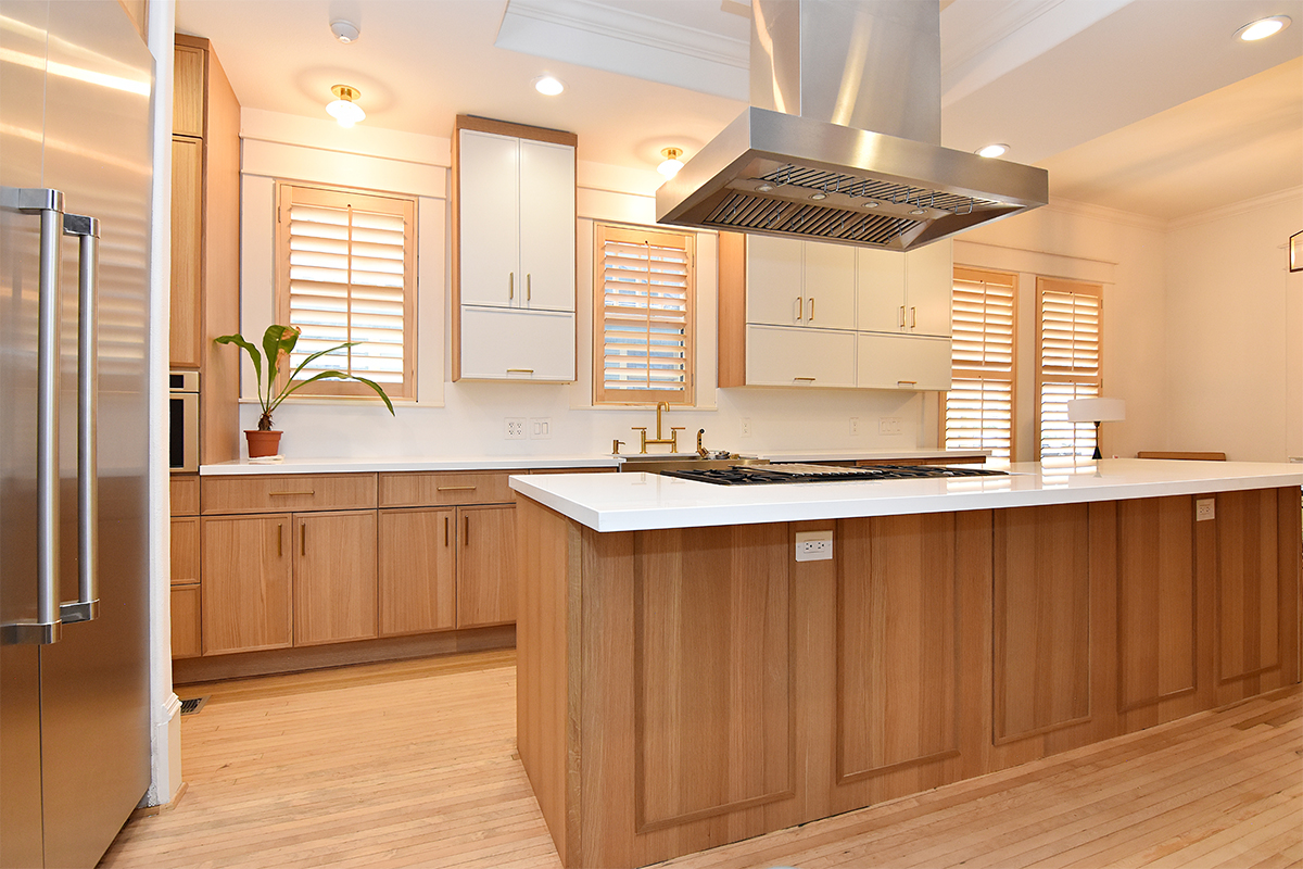 Painted and stained kitchen cabinets.