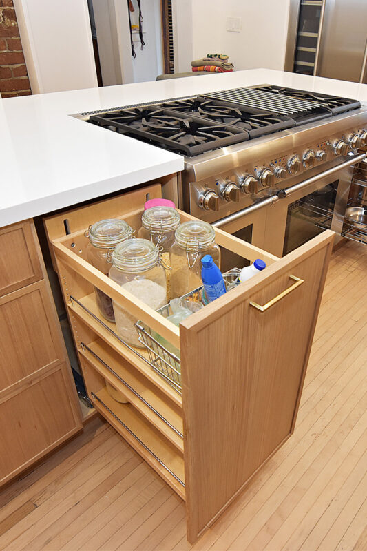 Painted and stained kitchen cabinets.