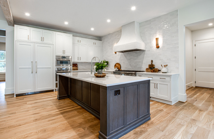 White kitchen with stained island