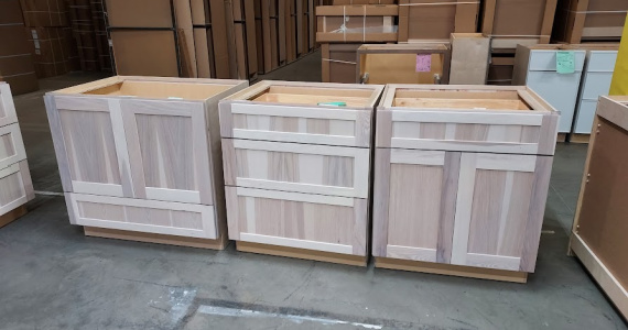 Hickory Pampas cabinets in a warehouse