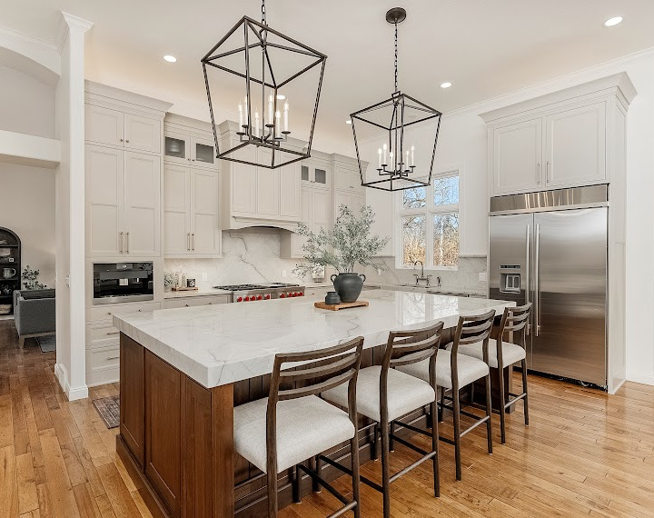Kitchen with painted perimeter and stained island
