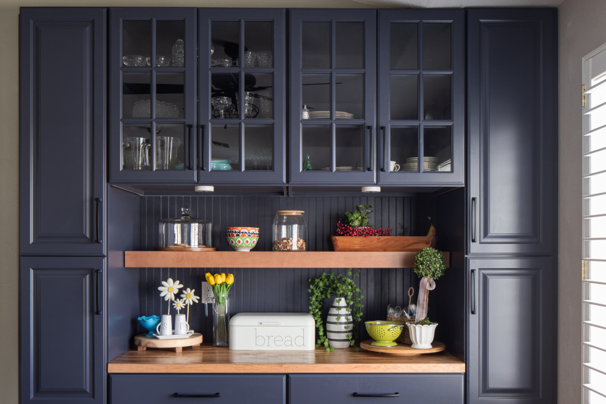 Painted blue pantry cabinets